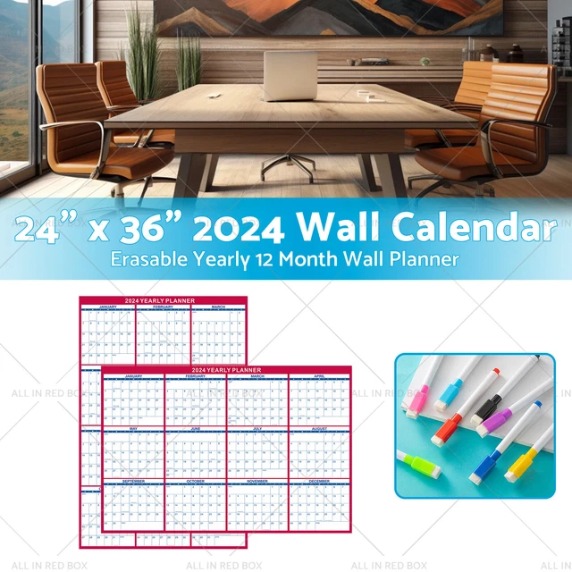 24 X 36IN 2024 Wall Calendar Dry Erase Erasable Yearly 12 Month Wall