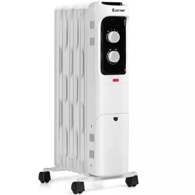 1500W Oil Filled Space Heater Portable Radiator w/ Adjustable Thermostat White