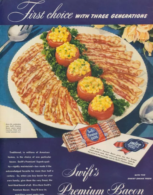 1947 Swifts Premium Bacon Serving Plate Baked Tomatoes Corn Vtg Print Ad L31