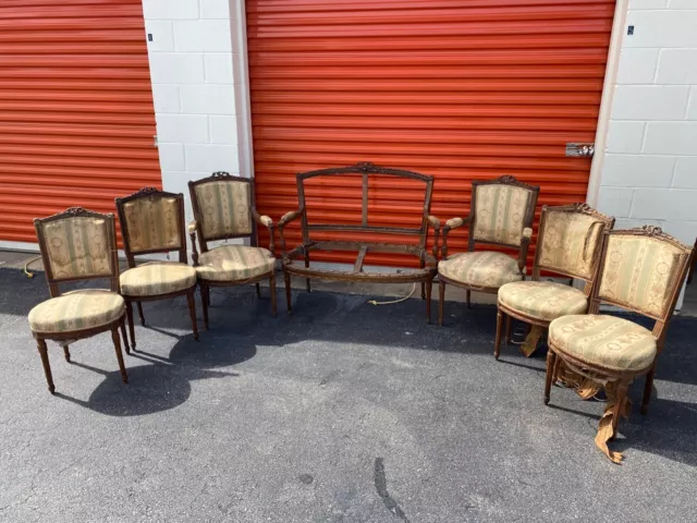 Antique French Louis XVI Style Dining Chairs, Armchairs & Settee By Louis Schmit Antique French Louis XVI Style Dining Chairs, Armchairs & Settee By Louis Schmit