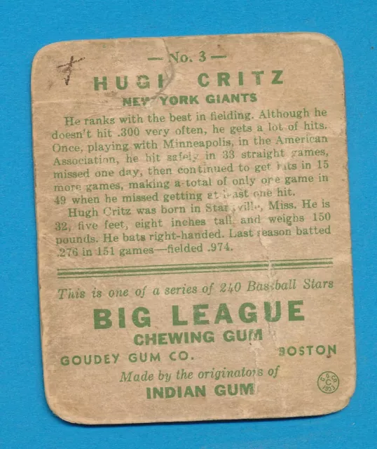 Poor R319 Hugh Critz 1933 Goudey #3 Low Grade Creased Vintage Filler *Tphlc-0634 2