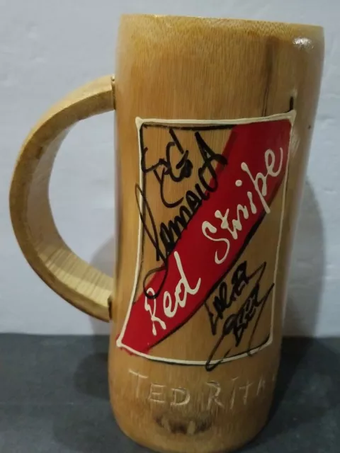 Red Stripe Beer Carved Bamboo Wood Mug Hand Carved & Painted Jamaica