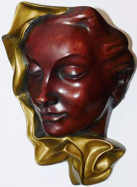 Große Achatit Wandmaske Frauenkopf mit goldfarbenem Tuch 26x17cm