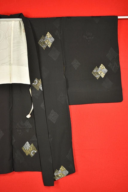 Vintage Japanese Kimono Silk Antique BORO Black HAORI Kusakizome Woven/B705/540 2