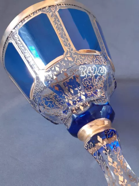 Vintage Moser glass cobalt blue clear gilded Handcrafted Panel Cut wine goblet 3