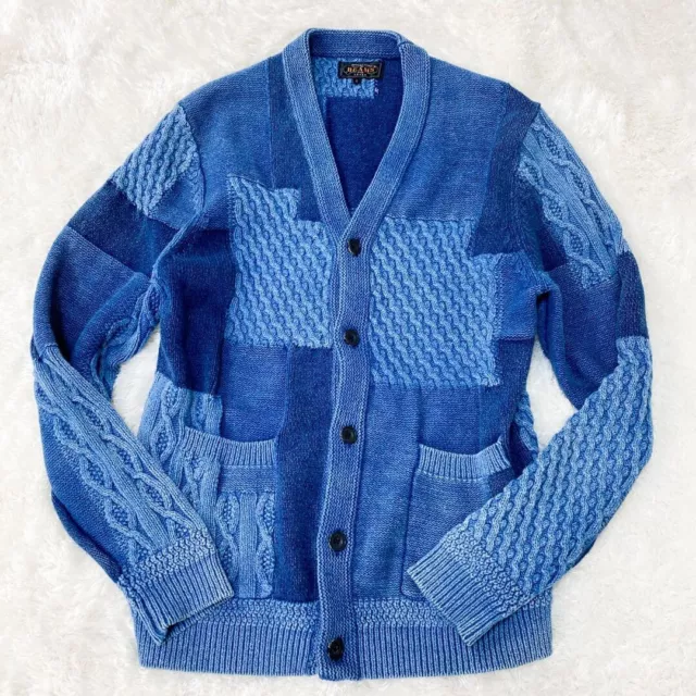 BEAMS PLUS Knit Cardigan Sweater Patch Work Cable Blue Indigo Made in Japan