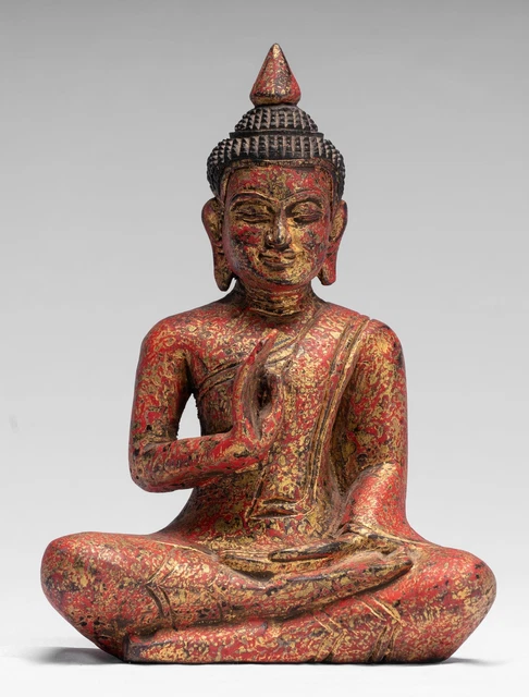 Buddha - Antique Khmer Style Seated Wood Buddha Statue Teaching Mudra - 21cm/8"