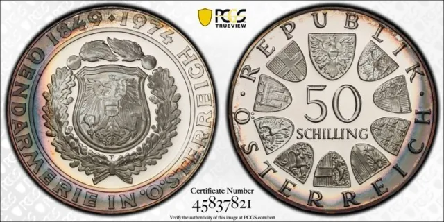 1974 PCGS PR67 DCAM | AUSTRIA - 125th Ann Police Force 50 Schilling Coin #39903A
