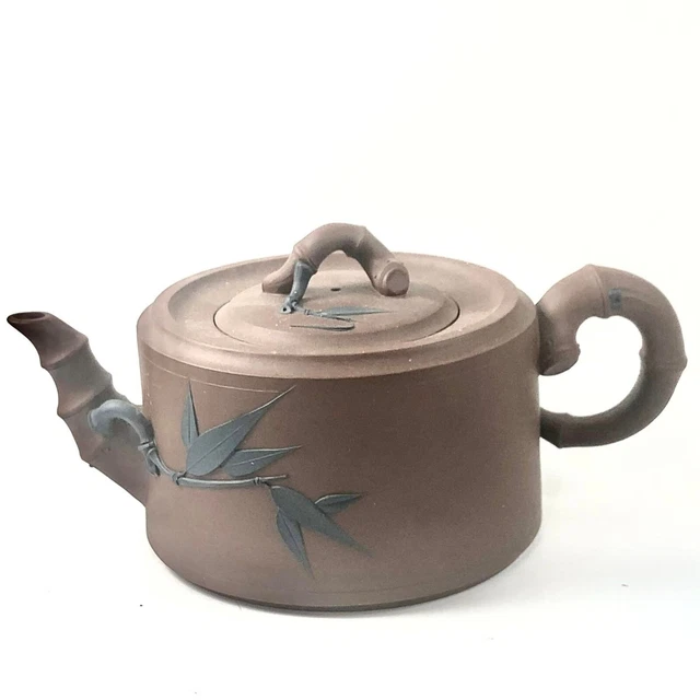 Chinese Yixing Zisha Clay Handmade Teapot Signed Bamboo-Look Handle Lid Spout
