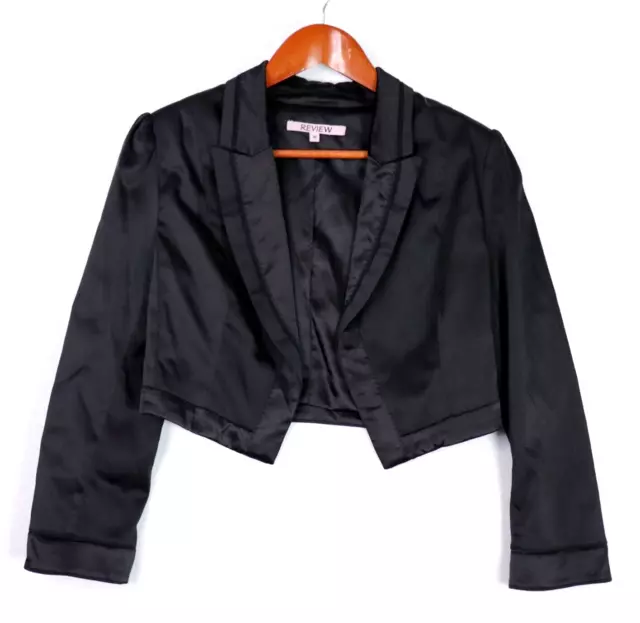 Review Womens Cropped Jacket Size 10 Black Satin Blazer Stitch Trim Open Front