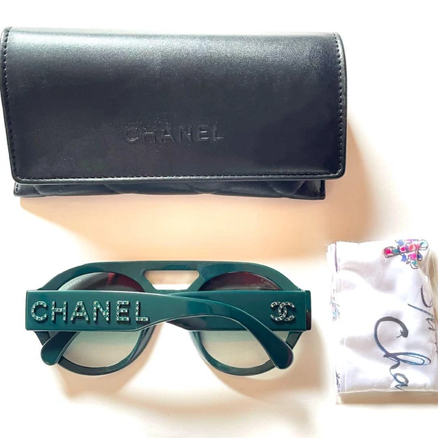 CHANEL Coco Mark Rhinestone mirror lens Green with Case 100% Authentic I58081