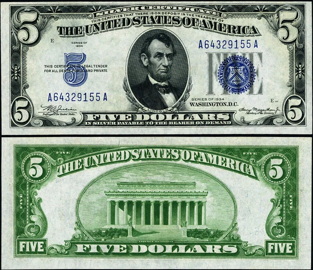 FR. 1650 $5 1934 Silver Certificate Non-Mule A-A Block Choice CU
