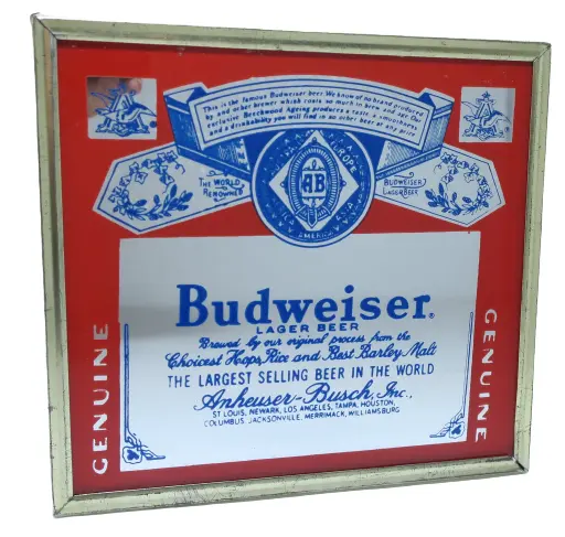 VTG Budweiser Beer Anheuser Busch Framed Mirror Bar Sign Man Cave 5"x5" for DAD!