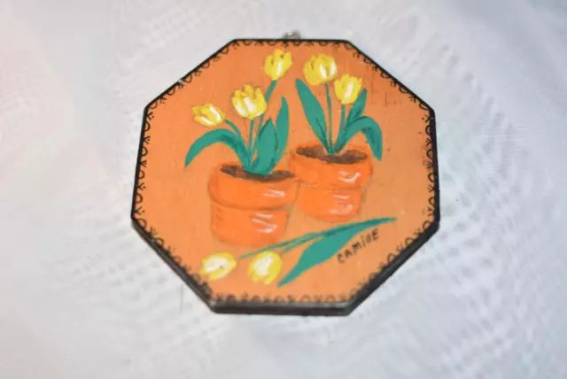 CADRE PHOTO en bois peint à la main rétro milieu du siècle plaque tulipes artiste signé