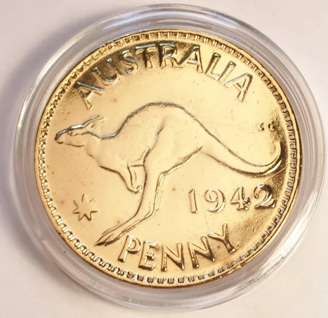 1942 Circulated Australian Penny Coin 999 24k Gold HGE in Acrylic Capsule. KG V1