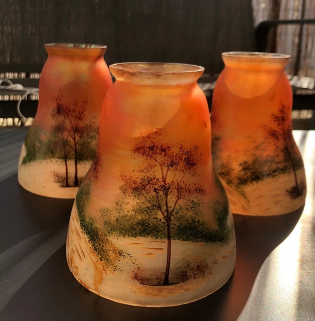 LOT DE 3 Tulipe ancienne verre peint Dlg Legras Art Nouveau pour Lustre ...