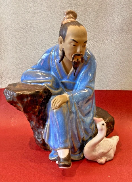 CHINESE SHIWAN POTTERY  MUDMAN FIGURE  15cm with Goose Part Glazed  1980s