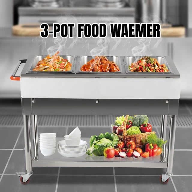 Commercial Food Warmer Buffet Server Countertop Steam Table 3 Pan Moving Cart