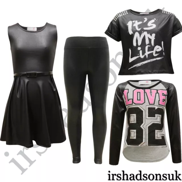 Kids Girls Black Wet Look Shiny Legging Midi Skater Dress T Shirt Top 2-13Years
