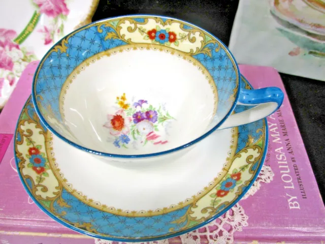 PARAGON tea cup and saucer floral painted pink rose blue band teacup 1930s