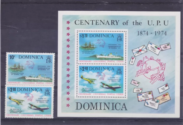 Dominica 1974, Sc# 418-419 and Block 419A, VF MNH, Centenary of UPU