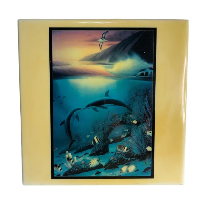 1990 Wyland “Kissing Dolphins” Glazed Ceramic Tile Trivet Signed By Artist