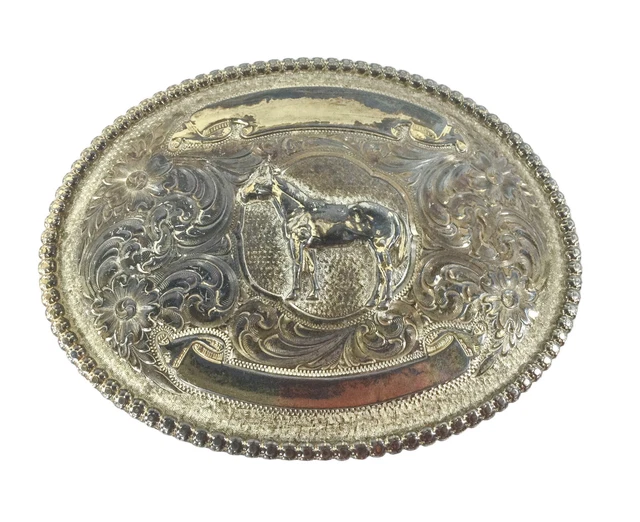 vtg MONTANA SILVERSMITHS TROPHY RODEO WESTERN COWBOY HORSE ENGRAVED BELT BUCKLE