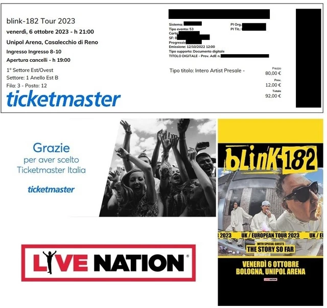 n.2 Biglietti Ticket VICINI settore numerato concerto Blink-182 06/10/23 Bologna