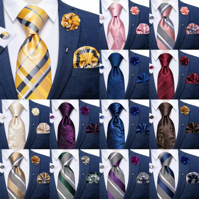 Mens Silk Ties Blue Red Black Floral Striped Paisley Tie Hanky Ring Set Necktie