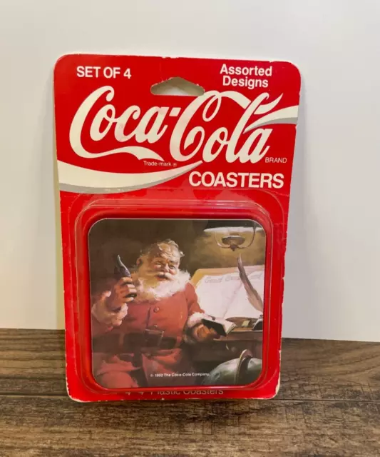 Vintage Coca-Cola Santa Christmas Coasters Set of 4 w/Holder Plastic Claus