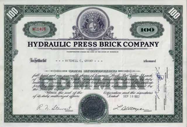 Hydraulic Press Brick Company, Missouri, 1952 (100 Shares) Bären-Vignette