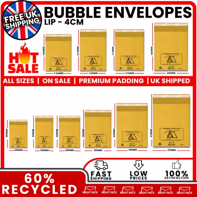 Padded Bubble Lined Envelopes / Bags / Mailers - Gold - All Sizes - Fast Courier