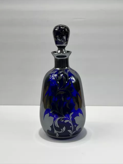 Antique Cobalt Blue W Sterling Silver Overlay Liquor / Wine Decanter SEE PICS!!