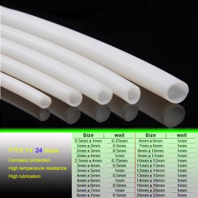 White 0.5mm x 1mm to 11mm x 13mm  Models PTFE Tube Tubing Pipe Sleeving