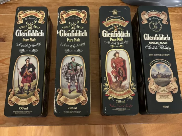 4 Vintage Glenfiddich Scotch Whisky Tins Drummond Macpherson Cameron Clans