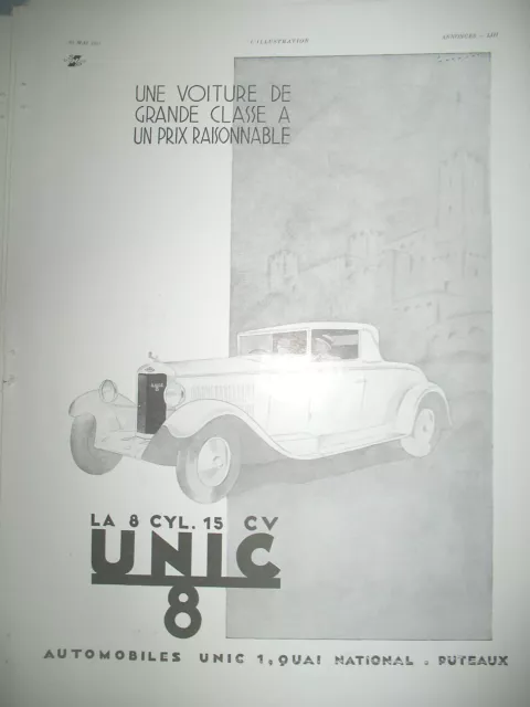 Publicite De Presse Unic Automobile Grande Classe 15 Cv 8 Cyl. Cylindres Ad 1931