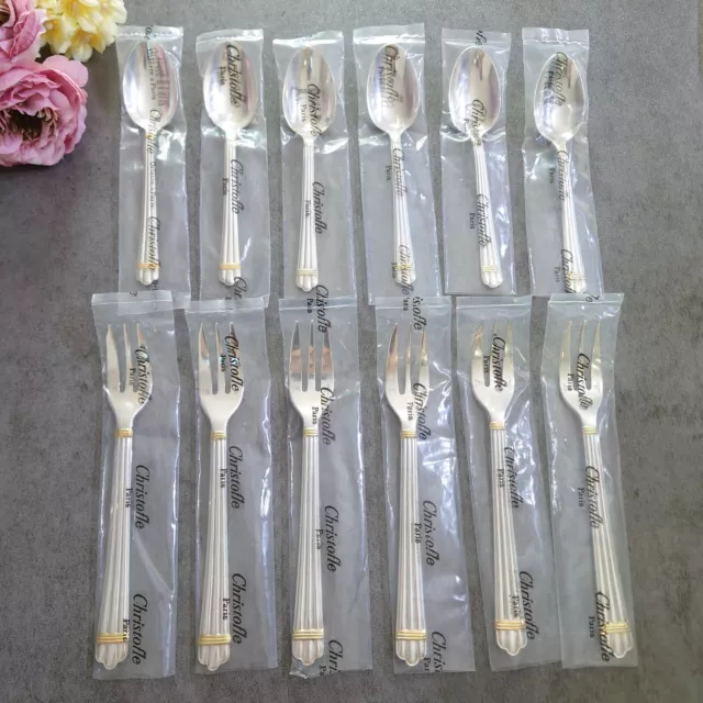 Christofle Aria Goldring Cake Fork Coffee Spoon 12pcs Silverplate Excellent