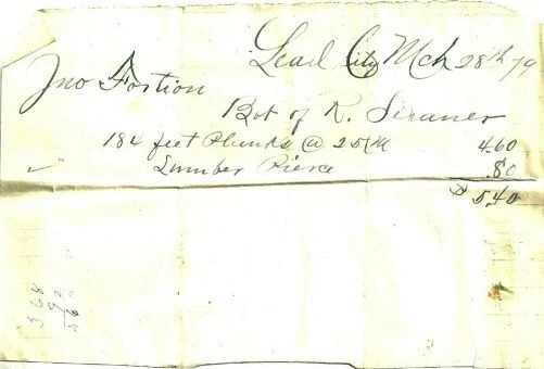 R Sexauer Lead City Dakota Territory Dt 1879 Mining Supply Receipt Lumber Planks