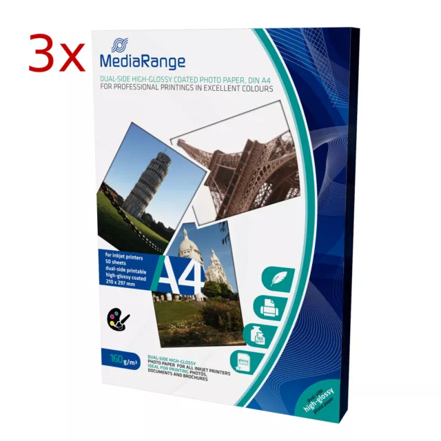 3x PAPIER PHOTO PREMIUM PRO BRILLANT DOUBLE FACE A4 160g MediaRange 3x 50f =150f