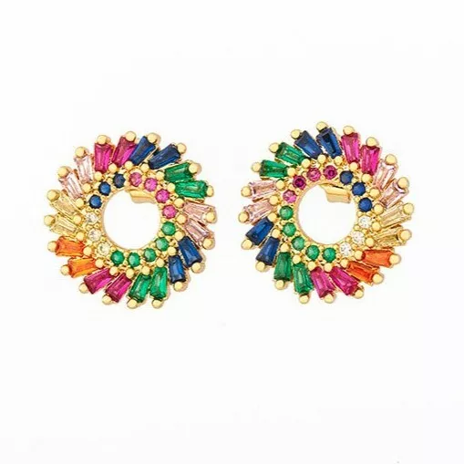 14K Gold Plated Rainbow CZ Cubic Zirconia Swirl Round Stud Earrings Women Cute