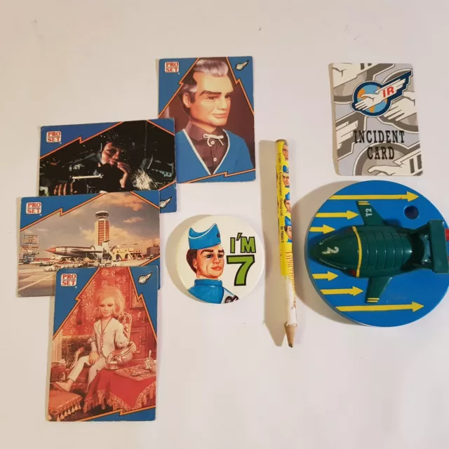 Thunderbirds collectables badge pencil cards set International Rescue TV VTG