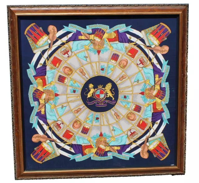 COLONIAL WILLIAMSBURG ASSOCIATES Framed Silk Scarf Lions & Musical Instruments