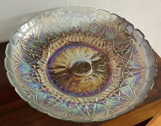 Wonderful Large Vintage iridescent pressed glass scallop rim decorative bowl