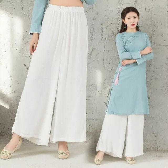 Women Wide Leg Trousers Cotton Linen Blend Pants Casual Ethnic Loose Solid