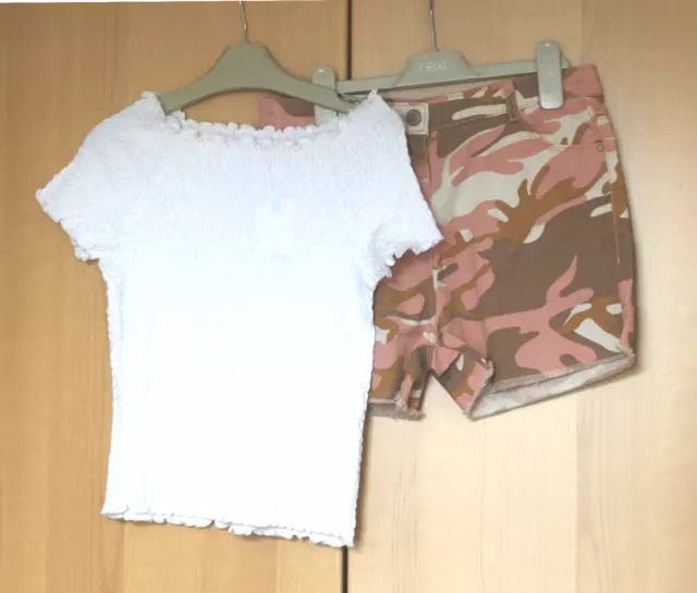 Next Girls Pink Camo Denim Shorts & White Shirred  Top  Age 13 Years BNWT