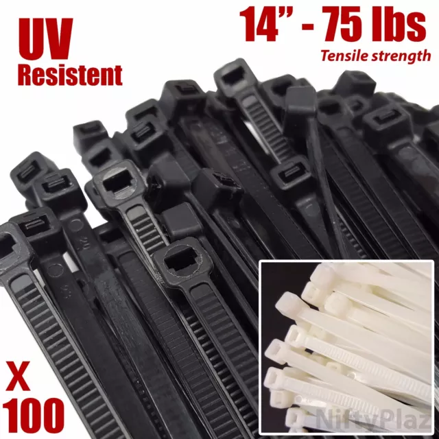 NiftyPlaza 14 Inch Cable Ties - 100 Pack - 75 lbs TENSILE Strength Wire Zip Ties