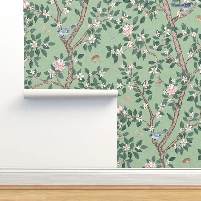 Removable Water-Activated Wallpaper Green Chinoiserie Large Scale Peony Floral