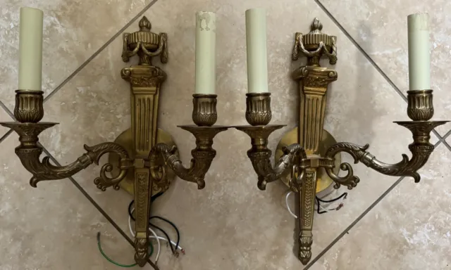 Pair Vintage Neoclassical Brass Wall Sconces double arm electric candelabrum