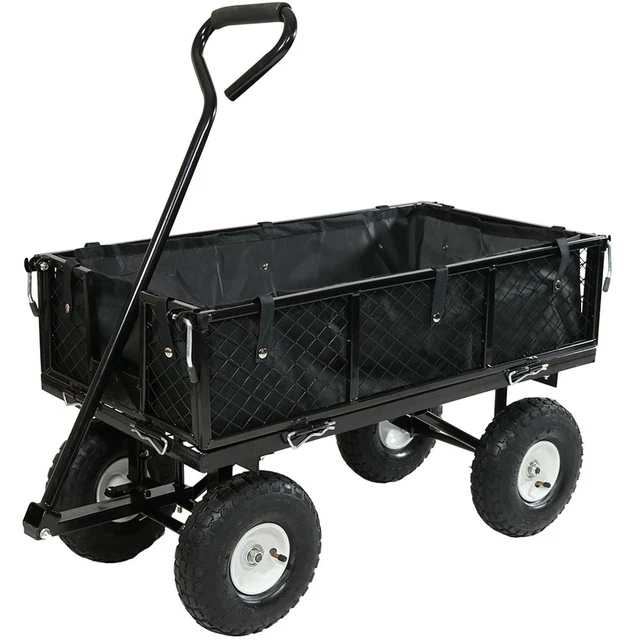Heavy Duty Steel Garden Utility Cart and Liner Folding Sides 400lb Black