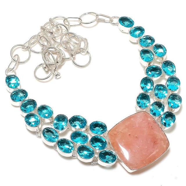 Rosenquarz, Topas Edelstein 925 Sterlingsilber Schmuck Halskette 18 Zoll Ostern t998
